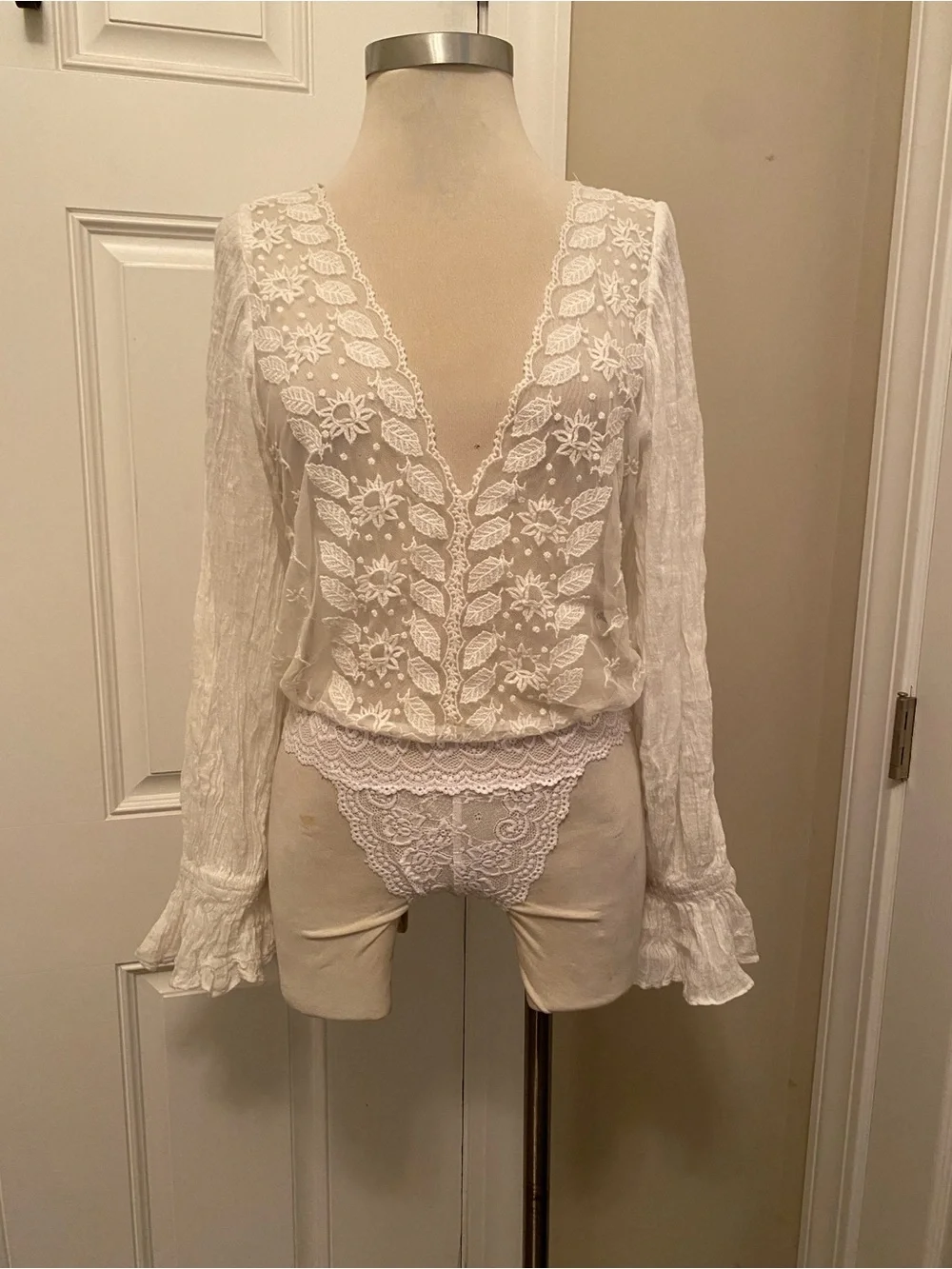 Free People White Floral Lace Top with Sheer Detail